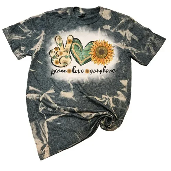 Peace Love Sunshine Sunflower Gray Bleached Handmade Graphic Tee T-Shirt - Picture 3 of 6